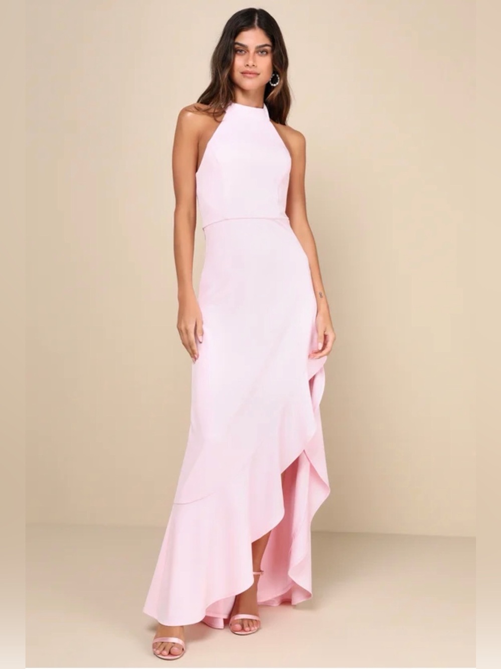 Lulu's Blush Pink Halter Maxi Dress with Ruffle Hem. Excellent condition!